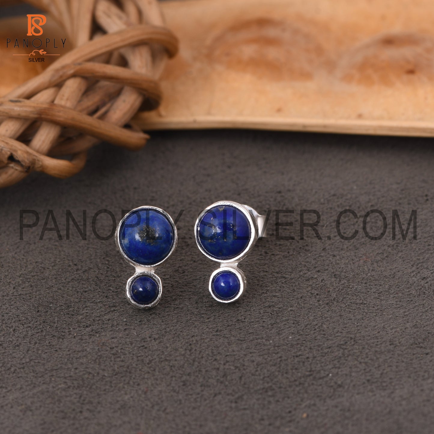 925 Sterling Silver Lapis Round Shape Small Blue Stud