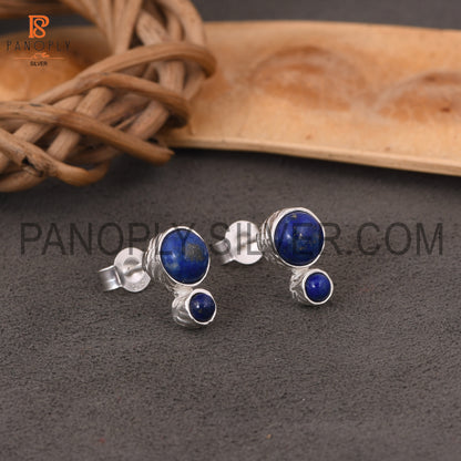 925 Sterling Silver Lapis Round Shape Small Blue Stud