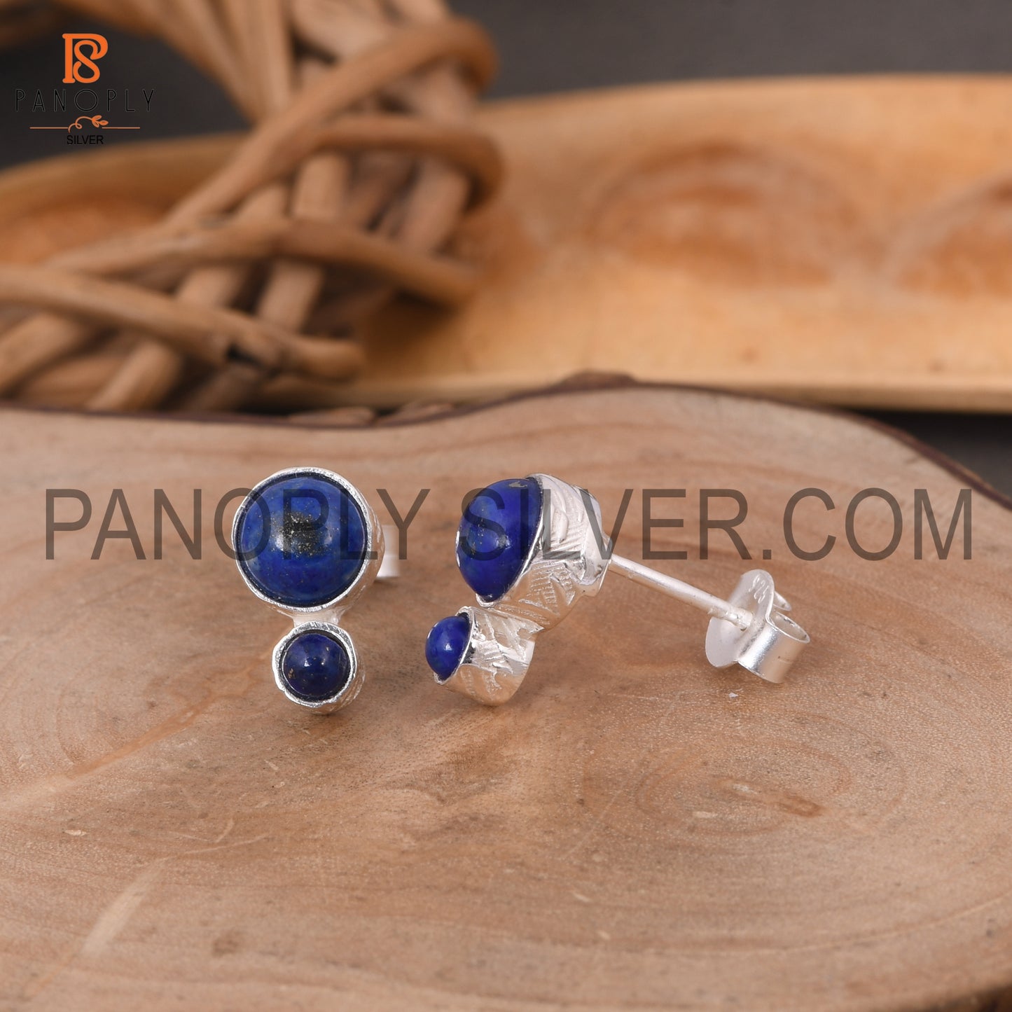 925 Sterling Silver Lapis Round Shape Small Blue Stud