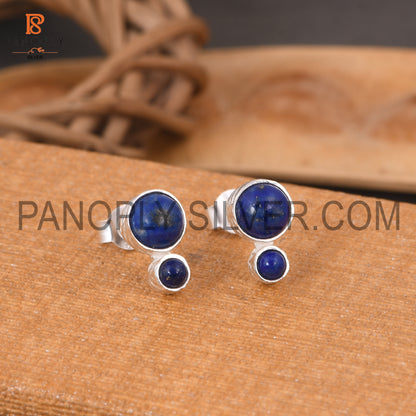 925 Sterling Silver Lapis Round Shape Small Blue Stud