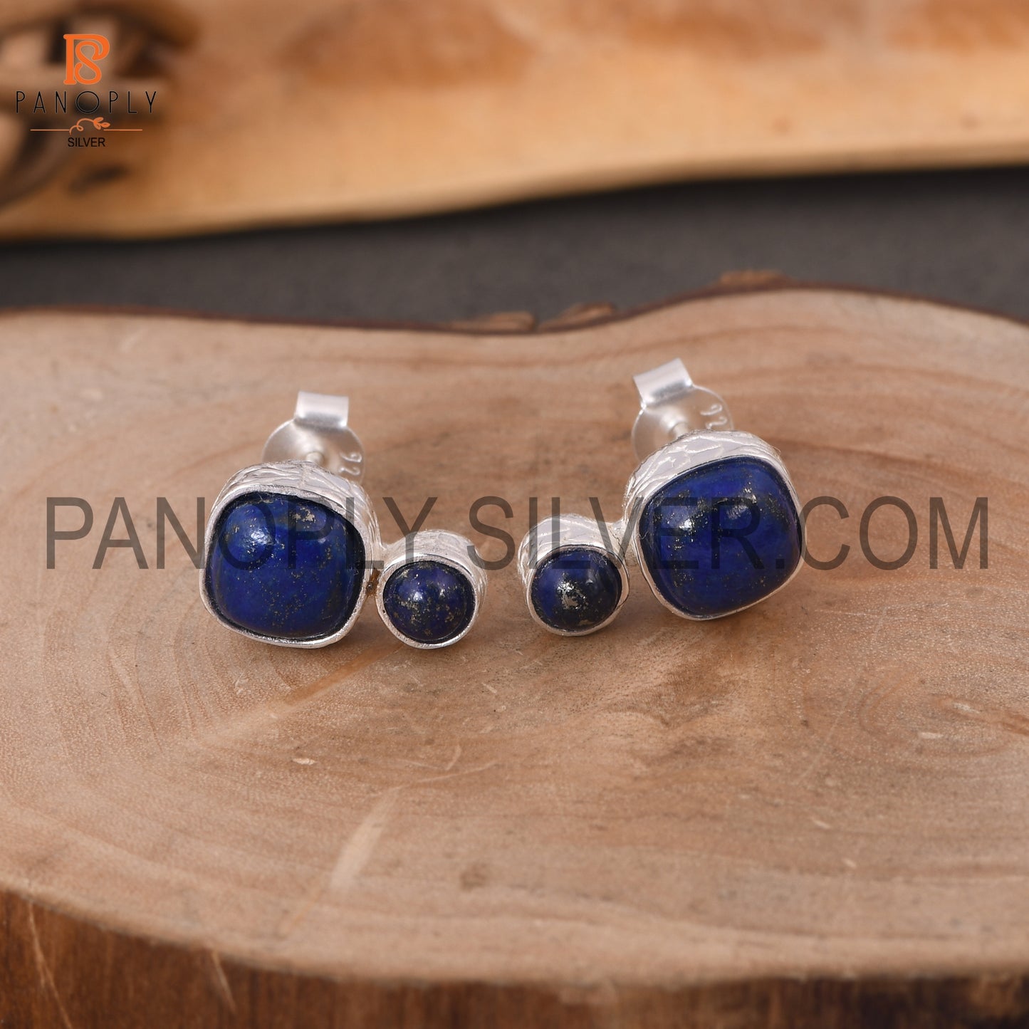 925 Sterling Silver Two Lapis Cushion Shape Blue Stud