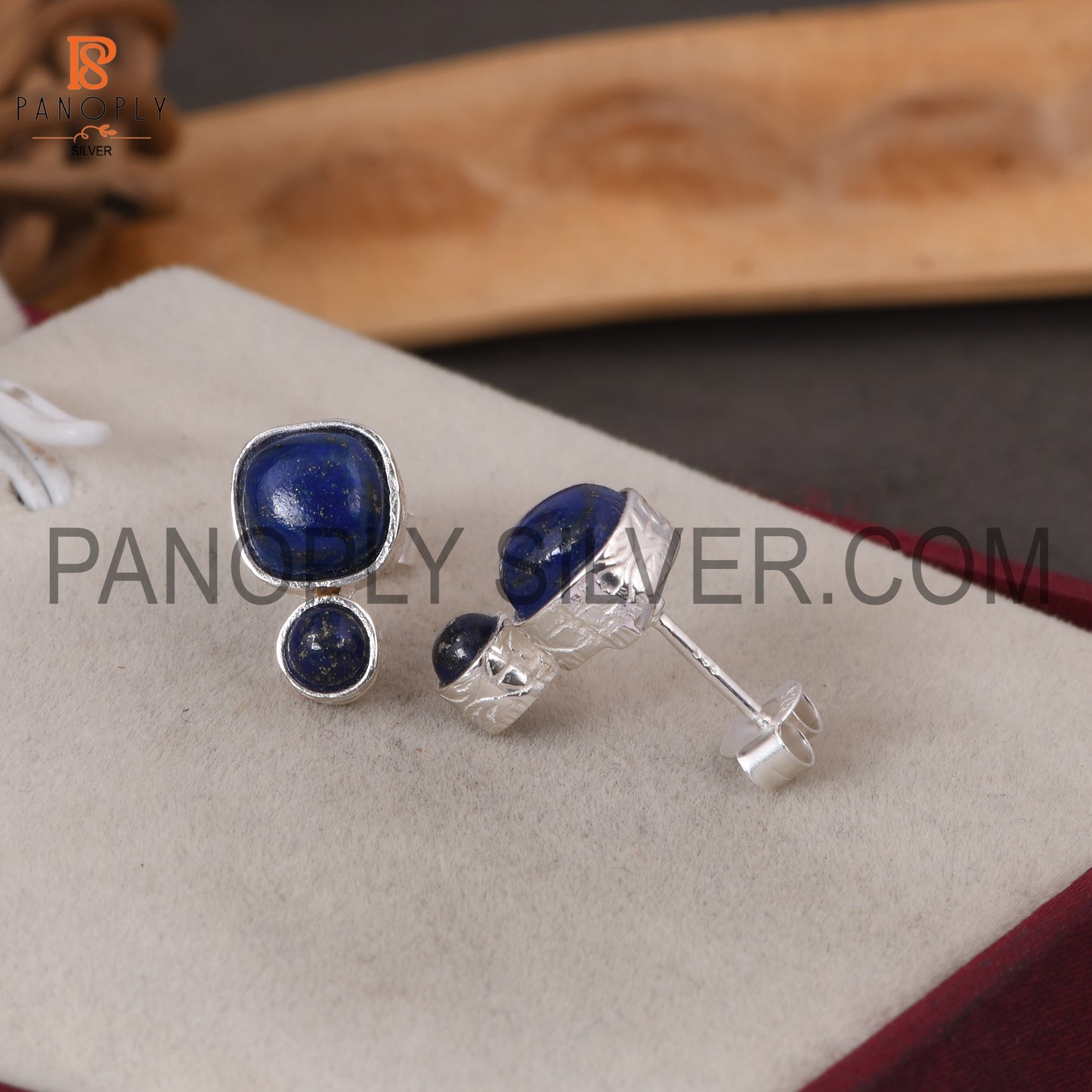925 Sterling Silver Two Lapis Cushion Shape Blue Stud