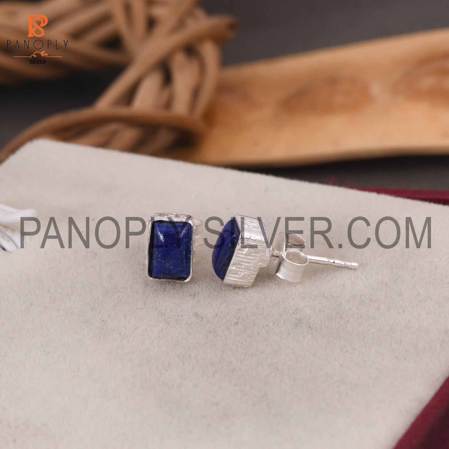 925 Silver Lapis Beguette Shape Blue Stud