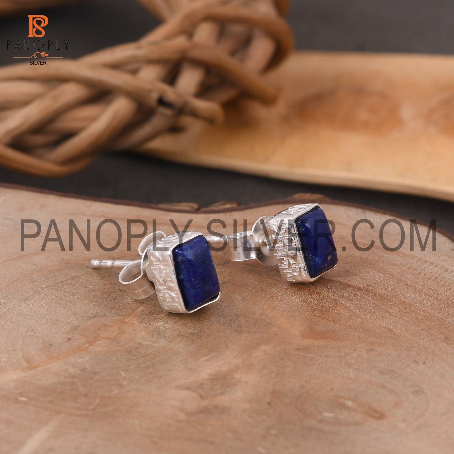 925 Silver Lapis Beguette Shape Blue Stud