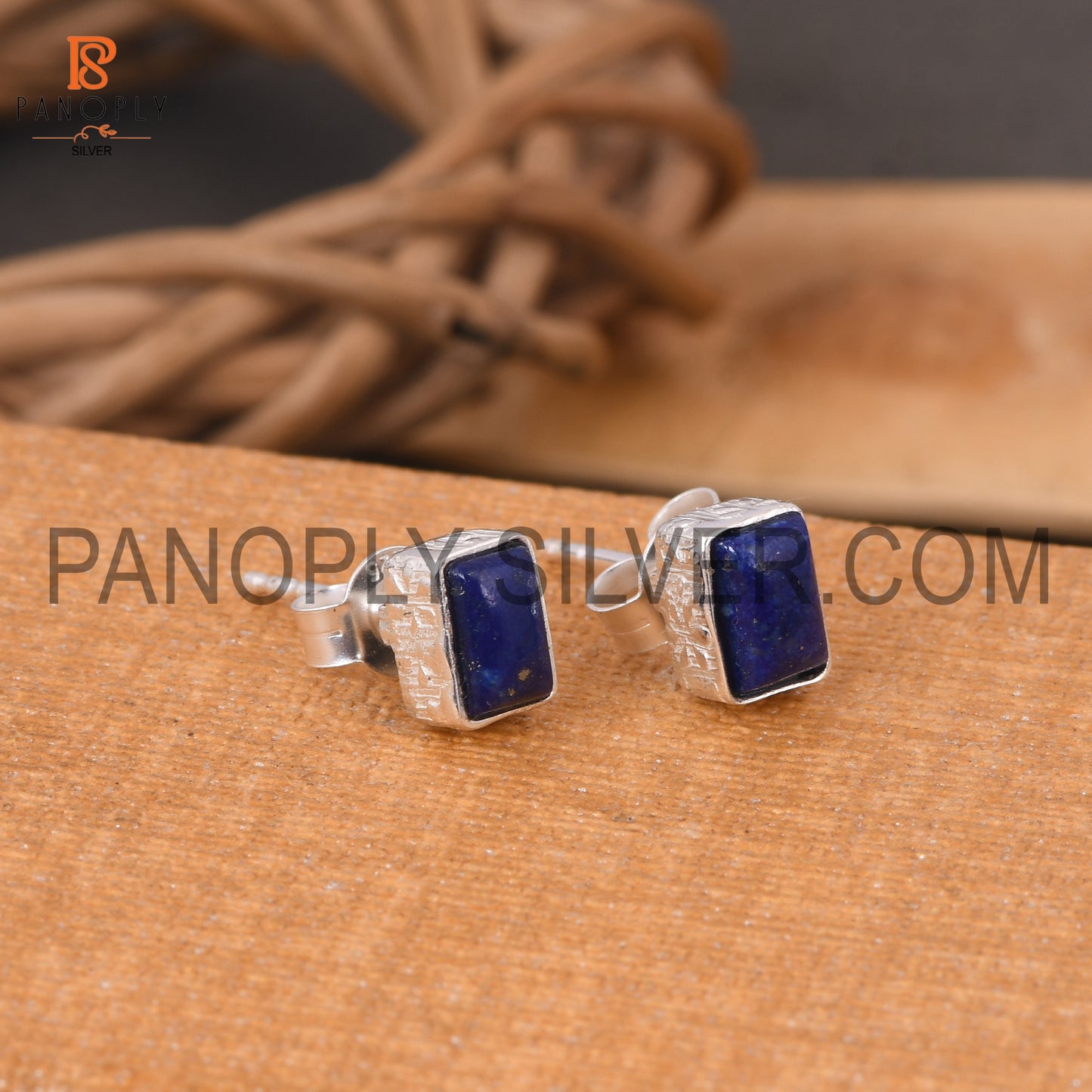 925 Silver Lapis Beguette Shape Blue Stud