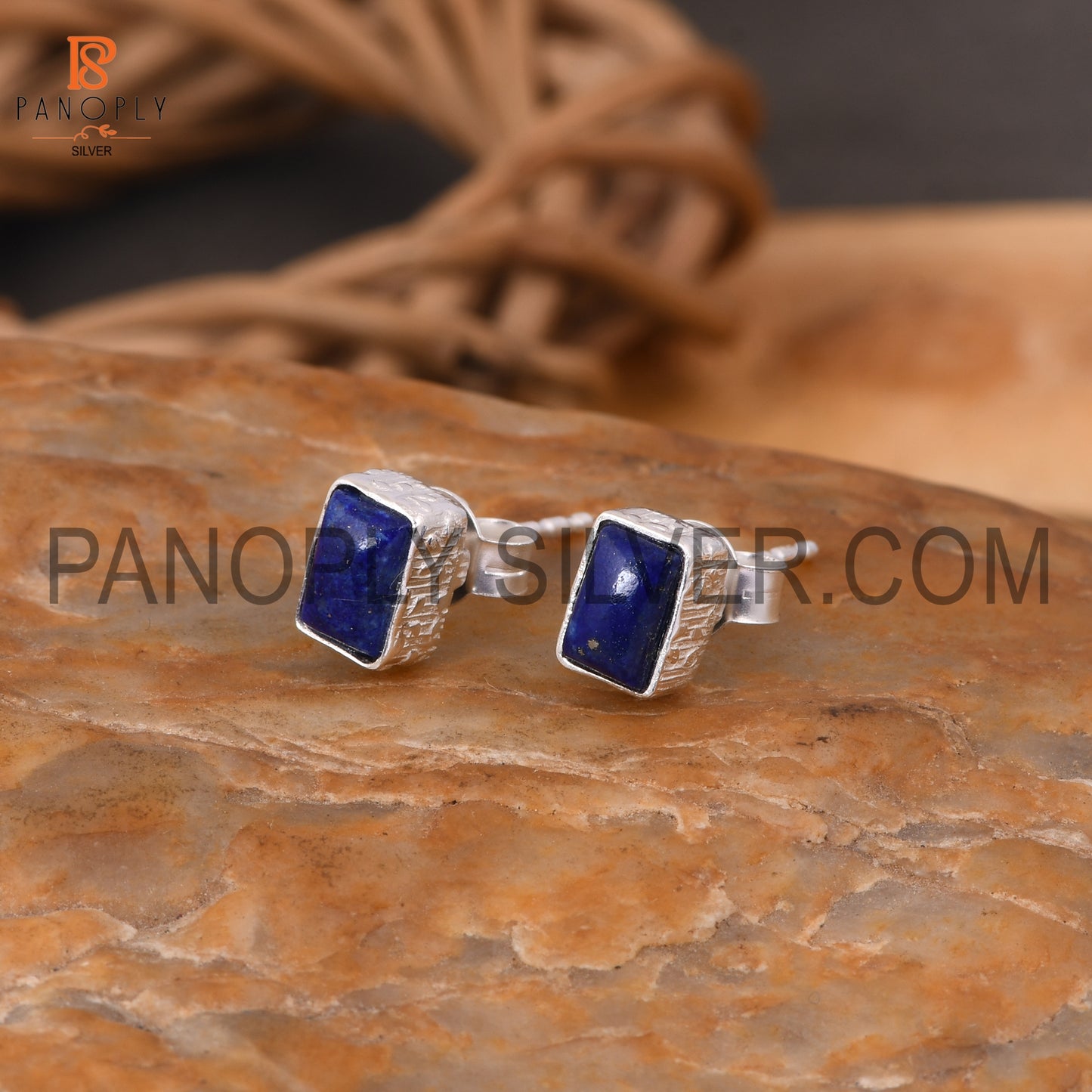 925 Silver Lapis Beguette Shape Blue Stud