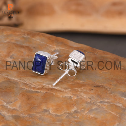 925 Silver Lapis Beguette Shape Blue Stud