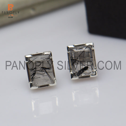 Black Rutile Baguette Shape 925 Silver Black Stud Earrings