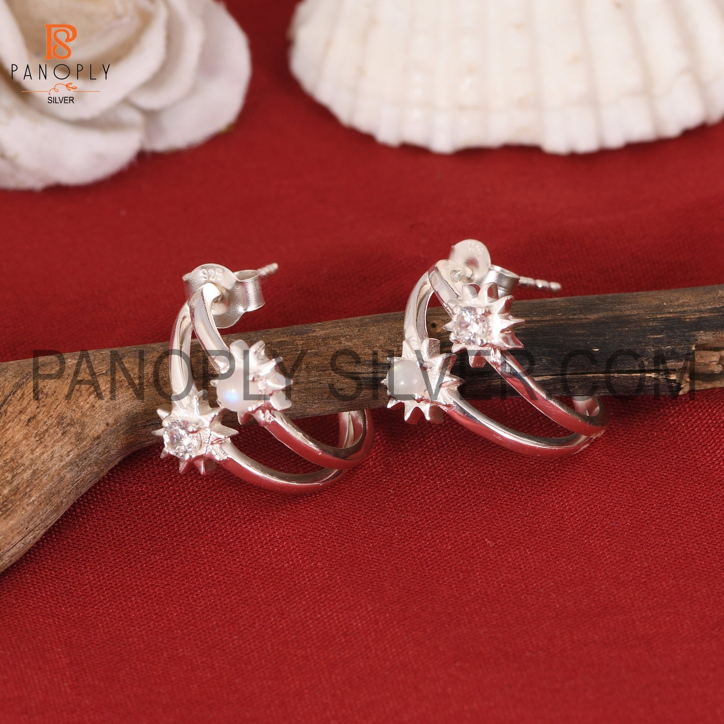 Rainbow moonstone & Cz Sun Hoop Earrings