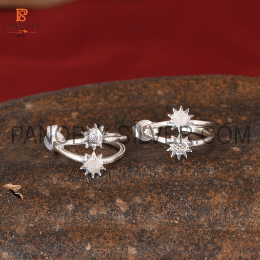 Rainbow moonstone & Cz Sun Hoop Earrings
