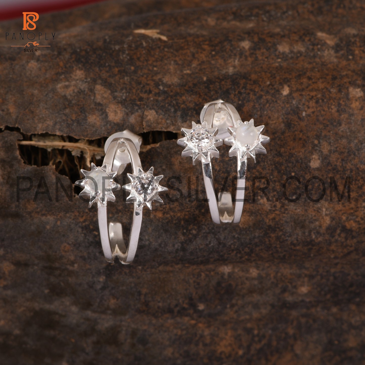 Rainbow moonstone & Cz Sun Hoop Earrings