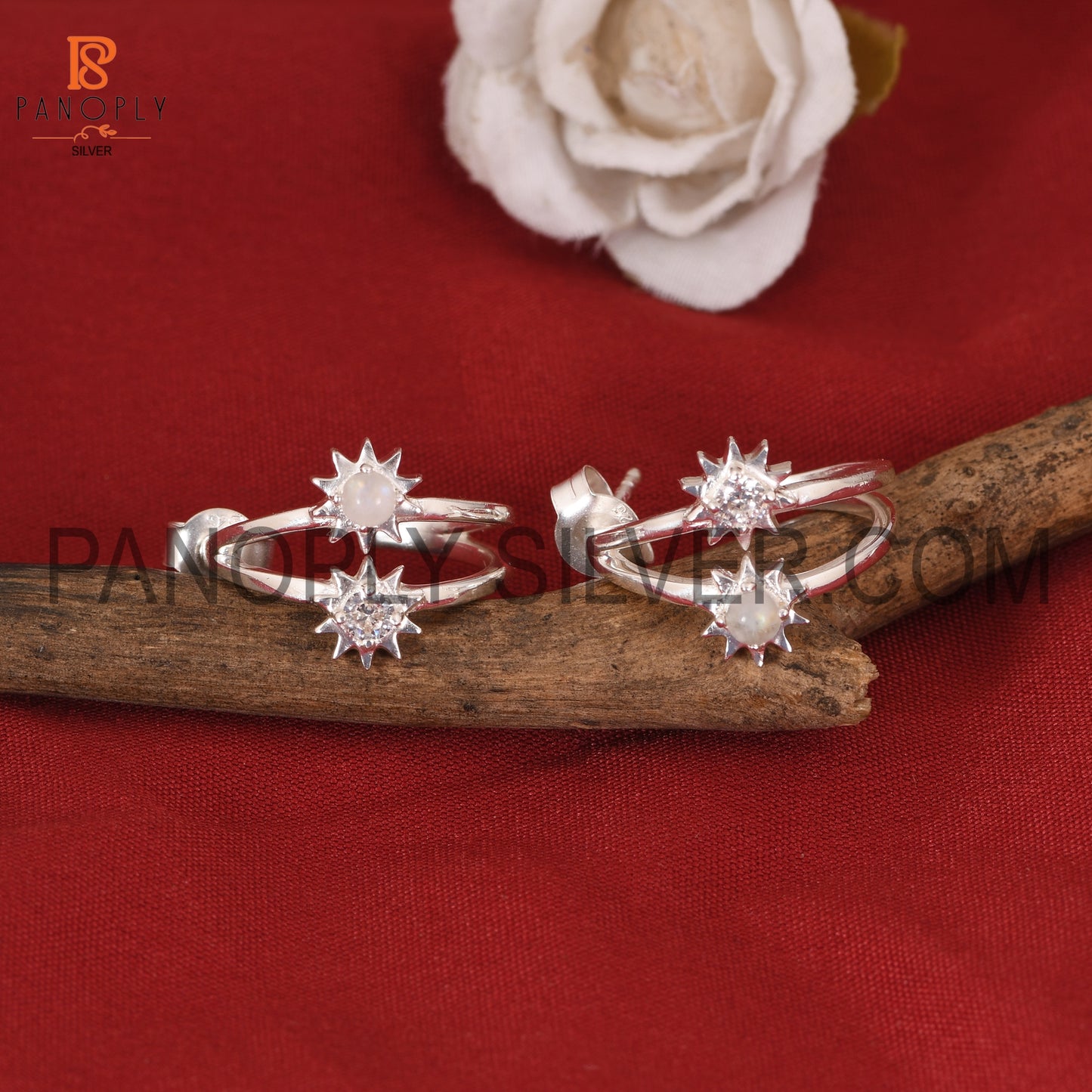 Rainbow moonstone & Cz Sun Hoop Earrings