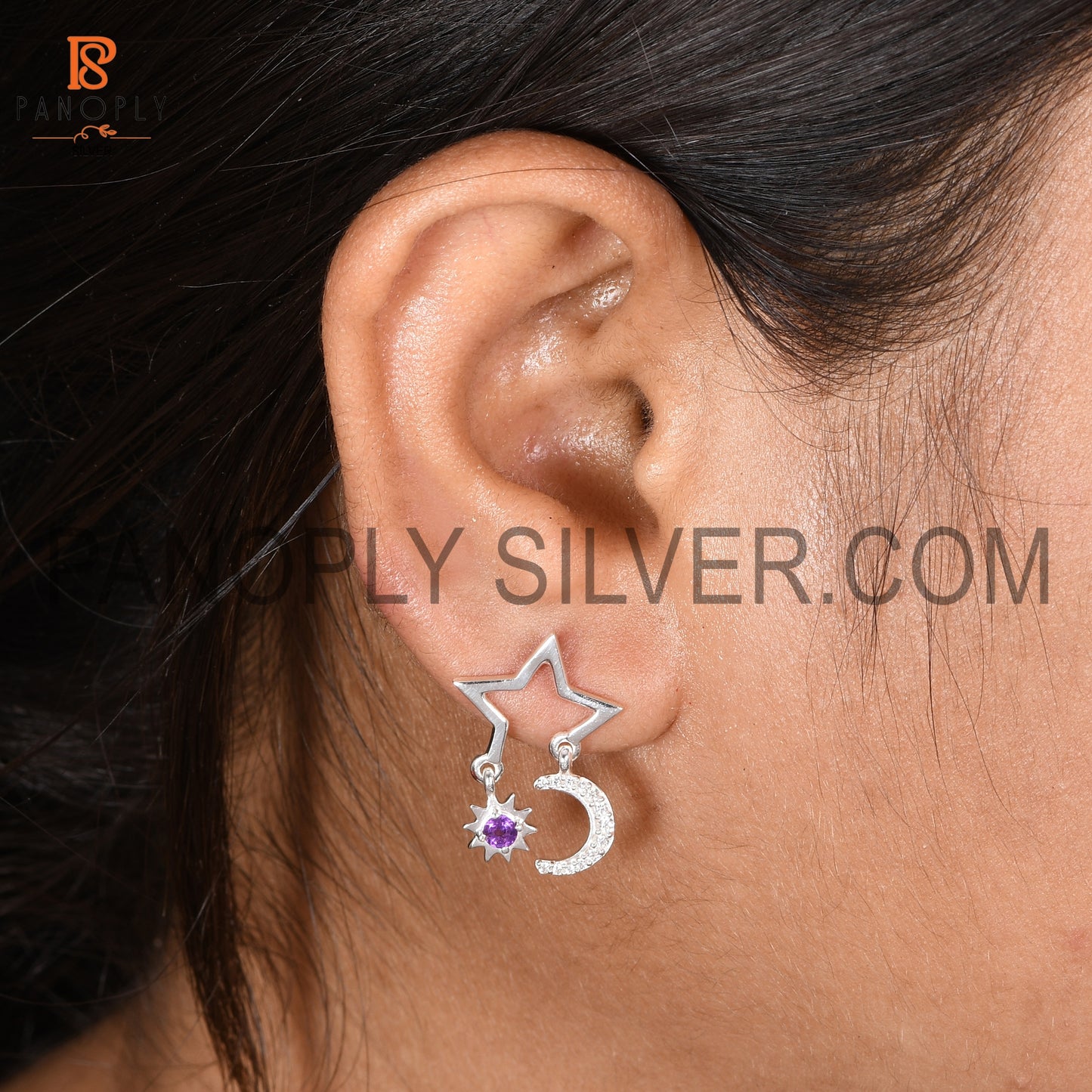 Cz Moon, Sun & Stars Amethyst Silver Earring For Love