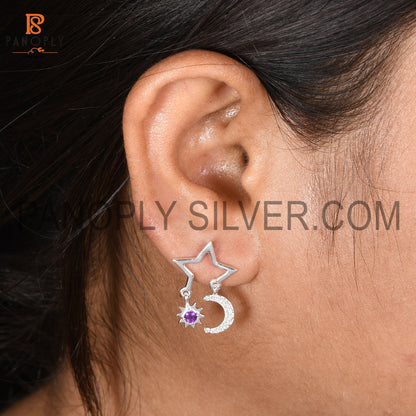 Cz Moon, Sun & Stars Amethyst Silver Earring For Love