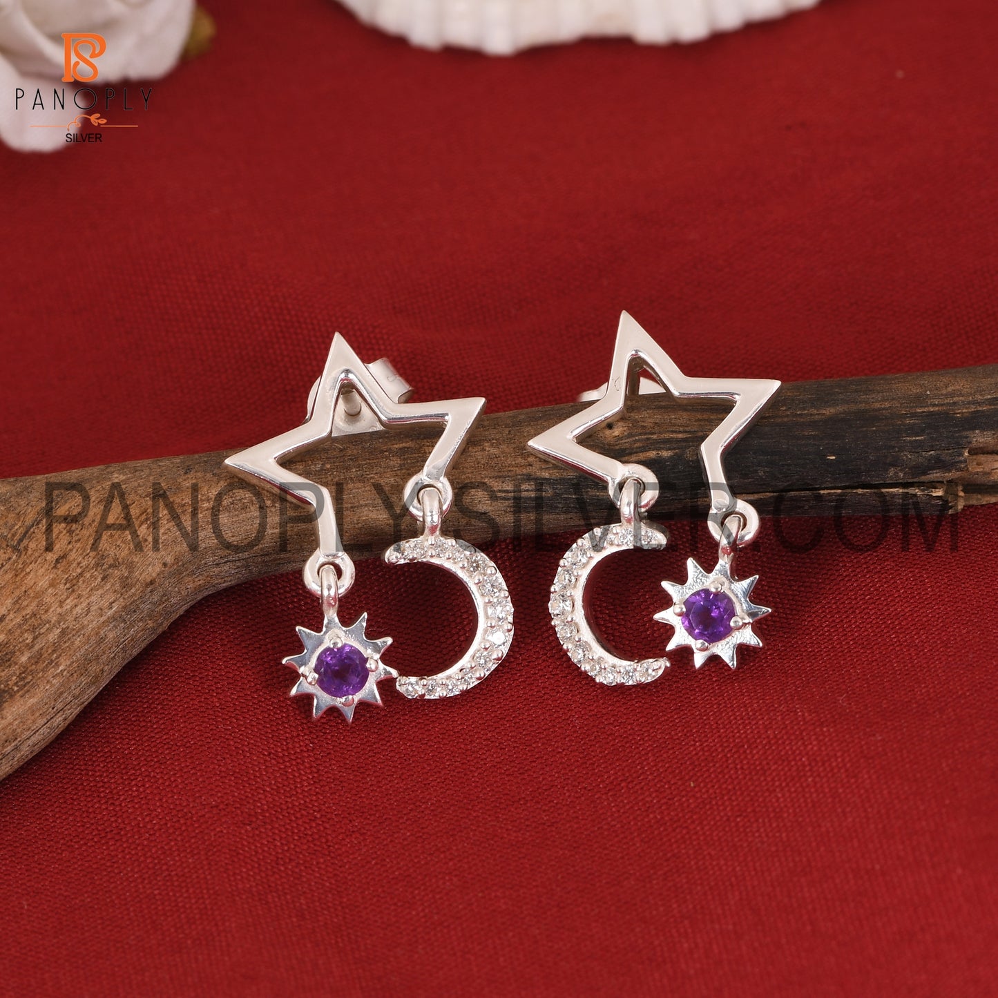 Cz Moon, Sun & Stars Amethyst Silver Earring For Love