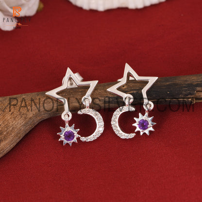 Cz Moon, Sun & Stars Amethyst Silver Earring For Love