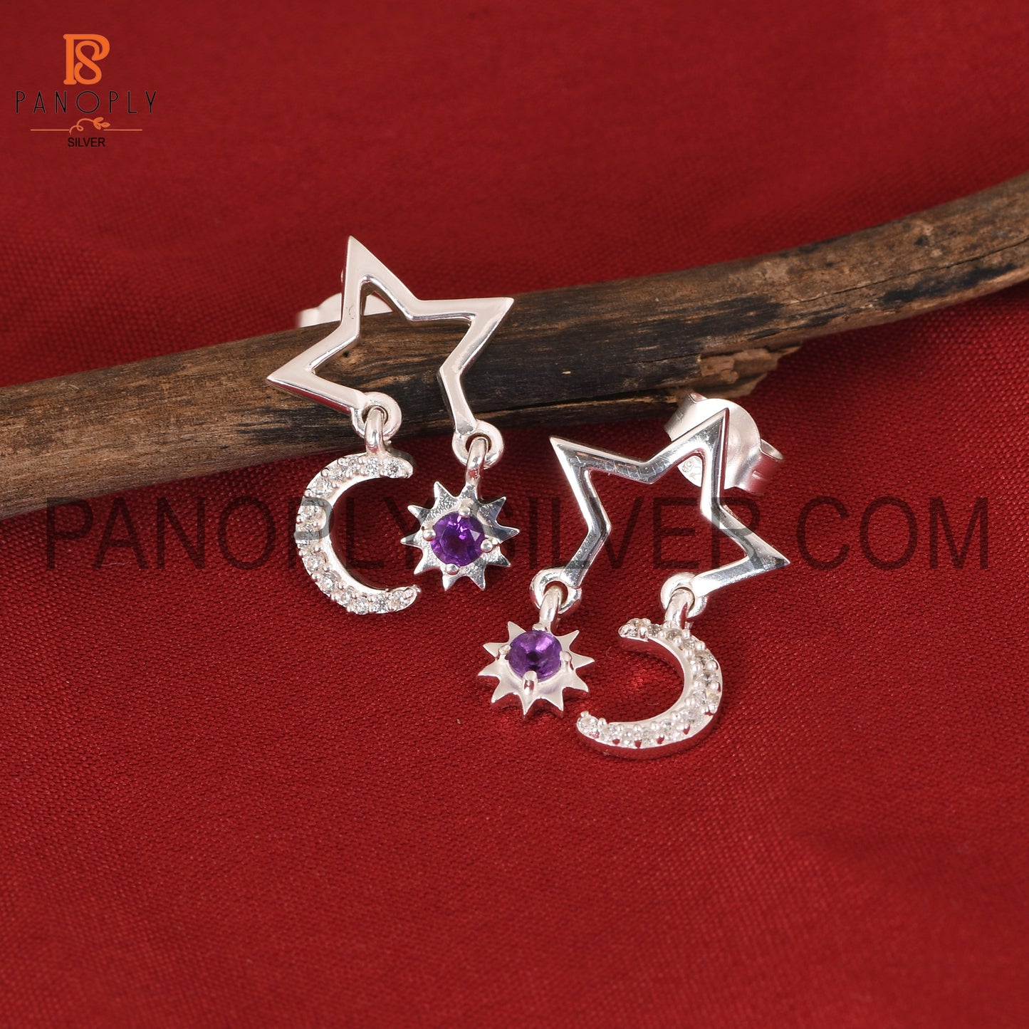 Cz Moon, Sun & Stars Amethyst Silver Earring For Love