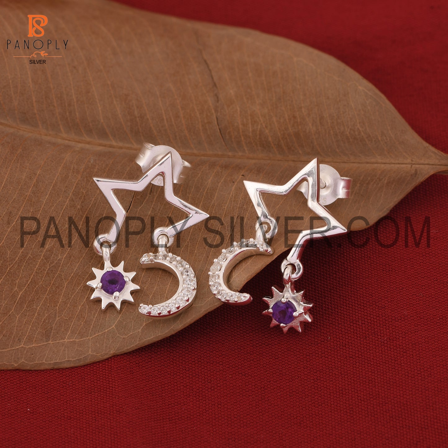 Cz Moon, Sun & Stars Amethyst Silver Earring For Love