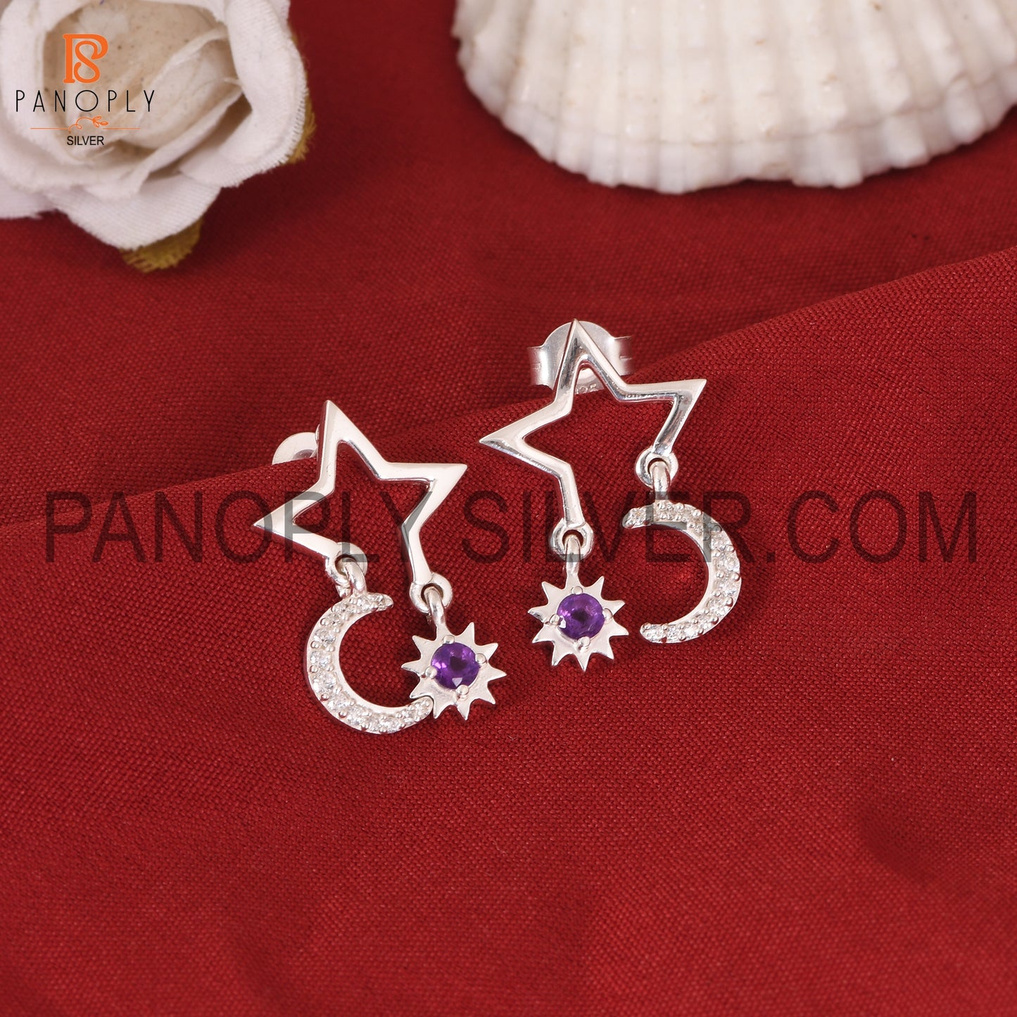 Cz Moon, Sun & Stars Amethyst Silver Earring For Love
