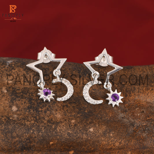 Cz Moon, Sun & Stars Amethyst Silver Earring For Love