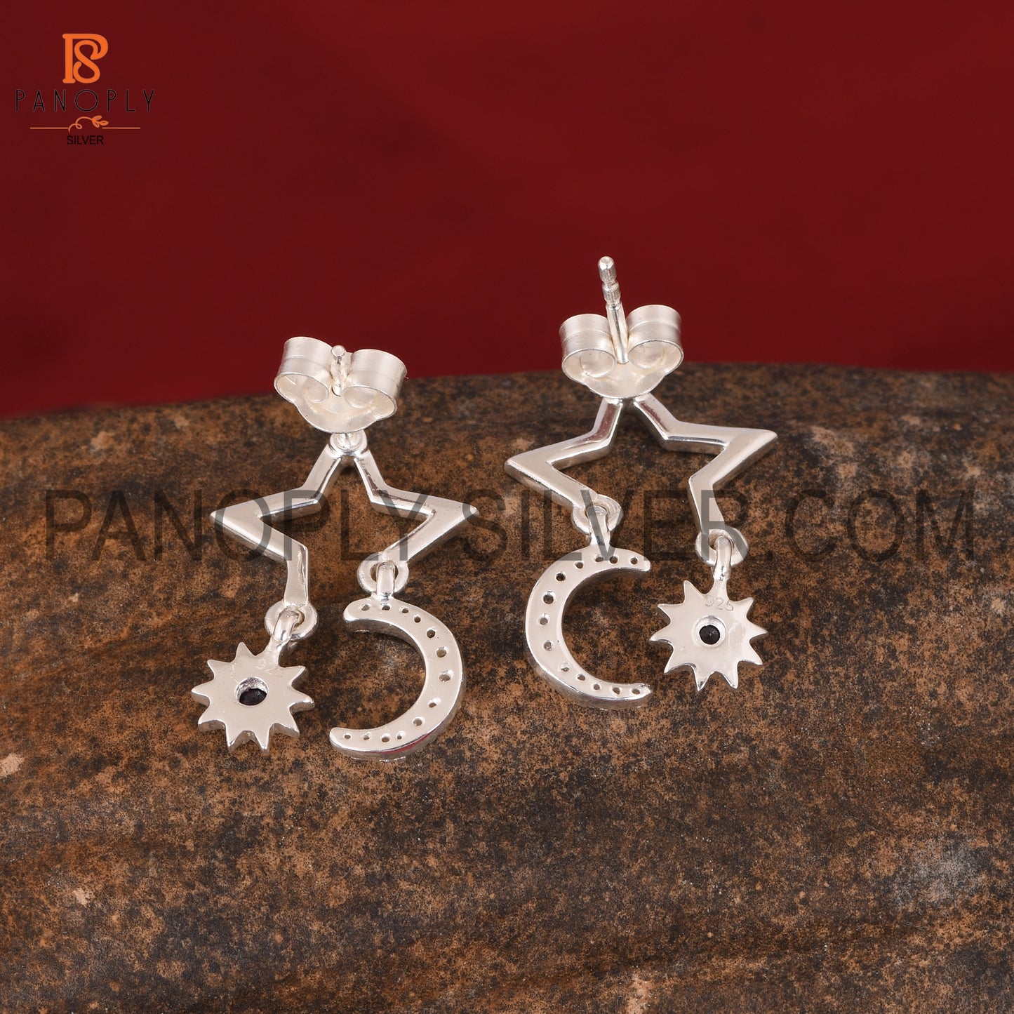 Cz Moon, Sun & Stars Amethyst Silver Earring For Love