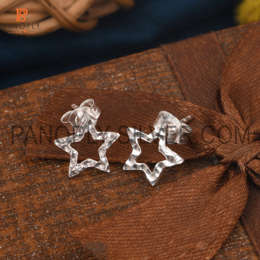 925 Silver Hammered Star Stud Earrings For Women