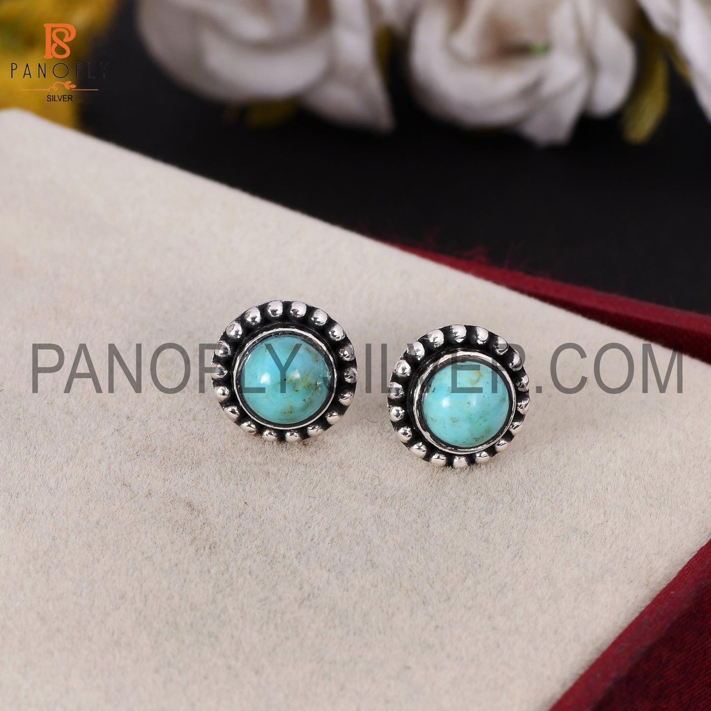 Kingman Turquoise Tiny Round 6 mm Stud Earrings For Women