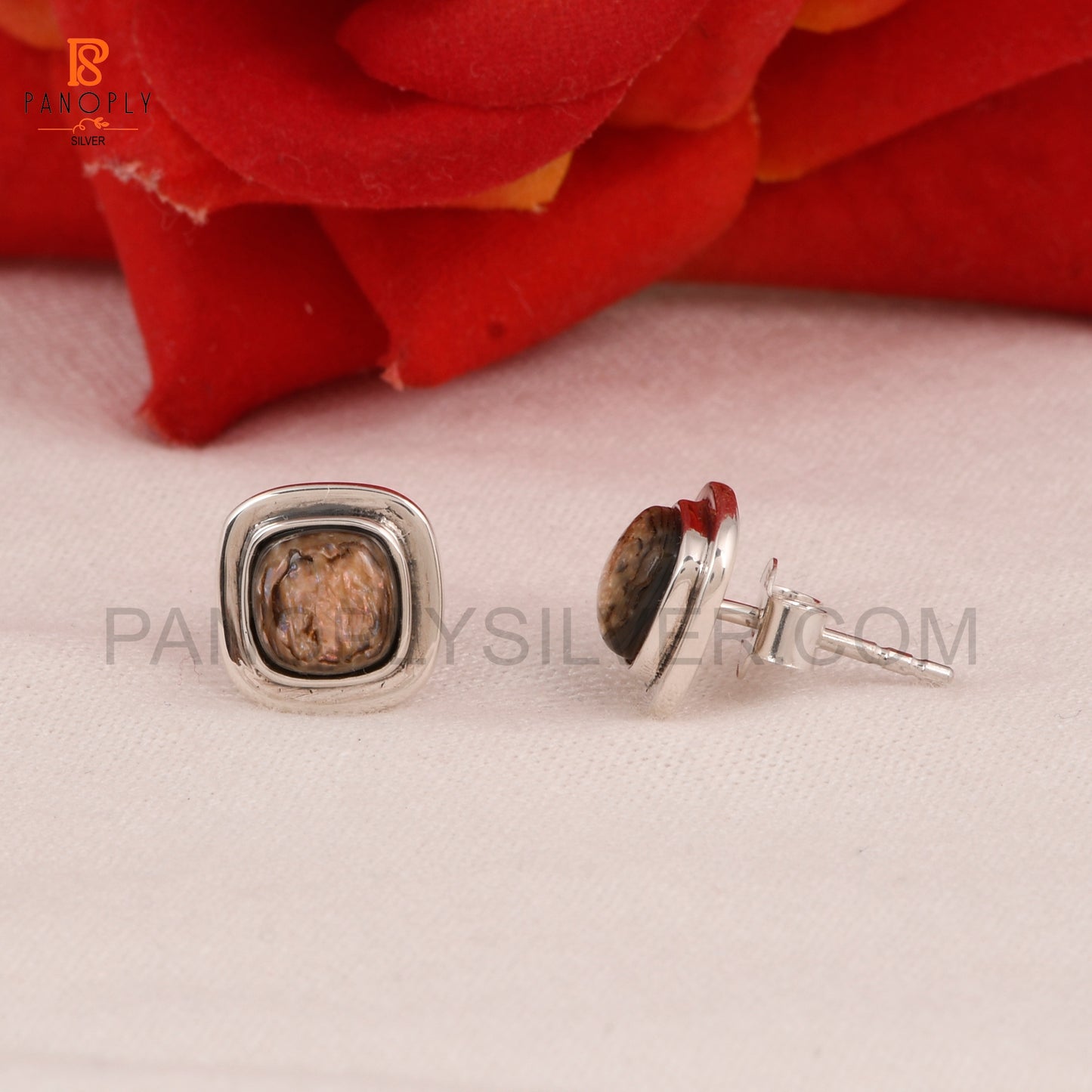 Abalone Shell Gemstone Earrings in 925 Silver, Cushion Shape
