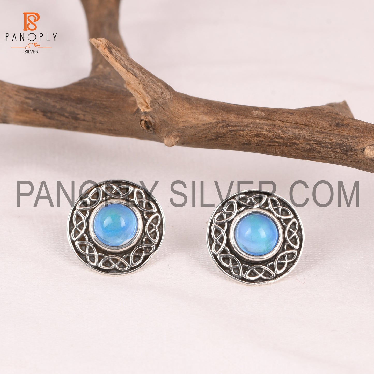 Aurora Opal Blue 925 Silver Celtic Knot Stud Earrings