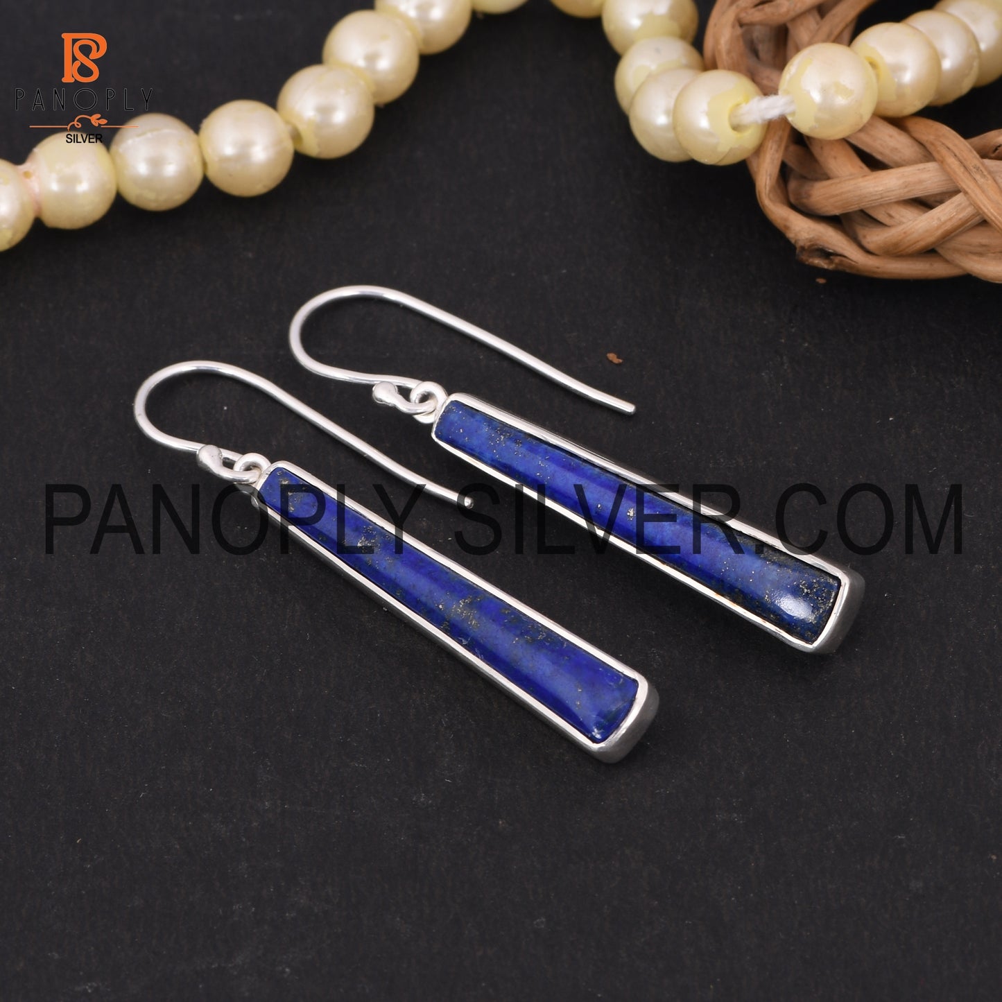 Taper Shape Long Lapis Stone 925 Silver Wedding Earrings
