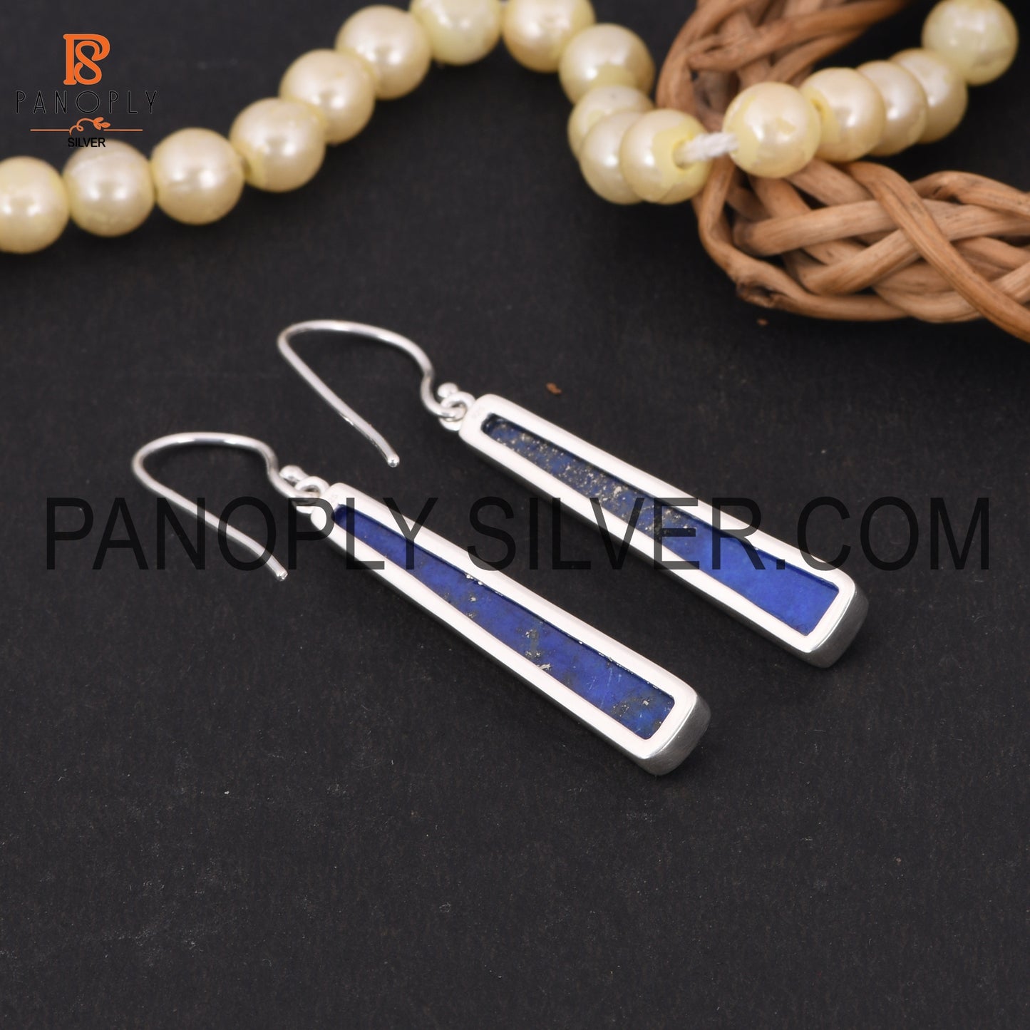Taper Shape Long Lapis Stone 925 Silver Wedding Earrings