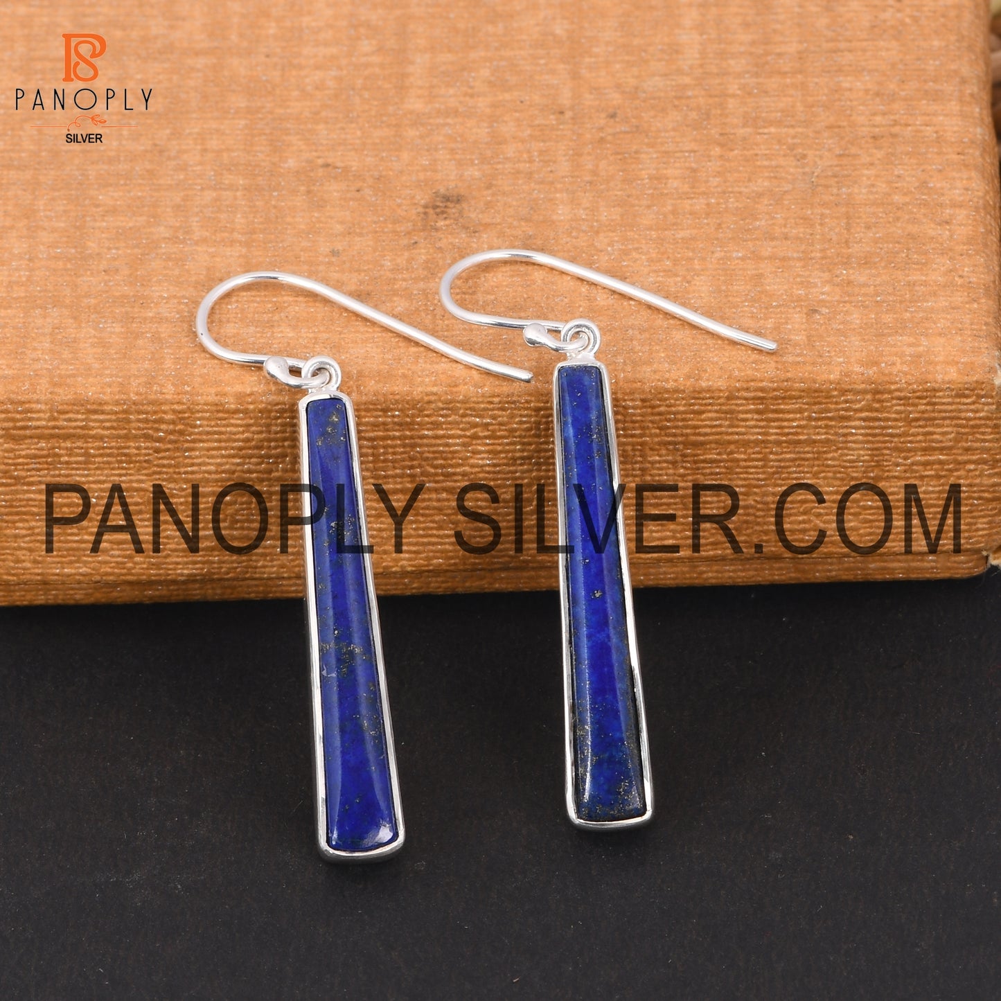 Taper Shape Long Lapis Stone 925 Silver Wedding Earrings