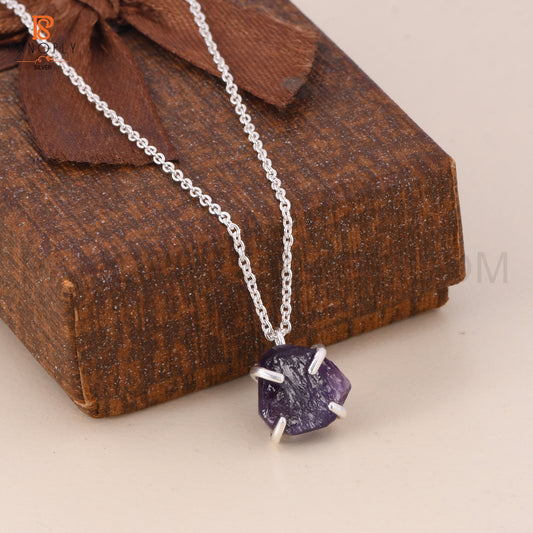 Amethyst Raw Rough Cut Silver Plated 925 Quality Necklaces