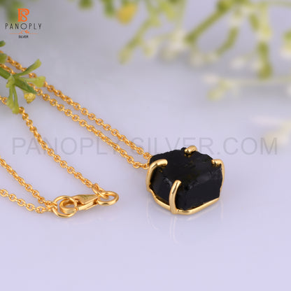 Black Obsidian Rough Cut Gold Plated 925 Silver Pendant Chain