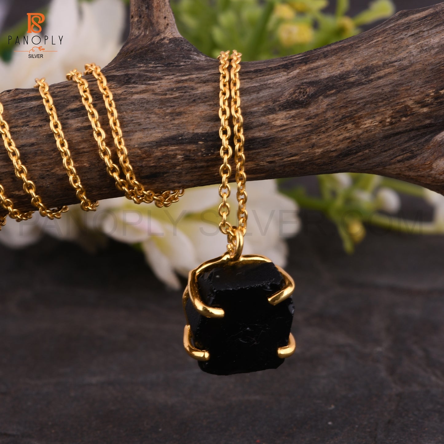 Black Obsidian Rough Cut Gold Plated 925 Silver Pendant Chain