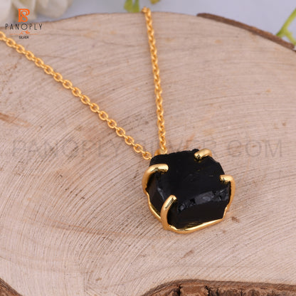 Black Obsidian Rough Cut Gold Plated 925 Silver Pendant Chain