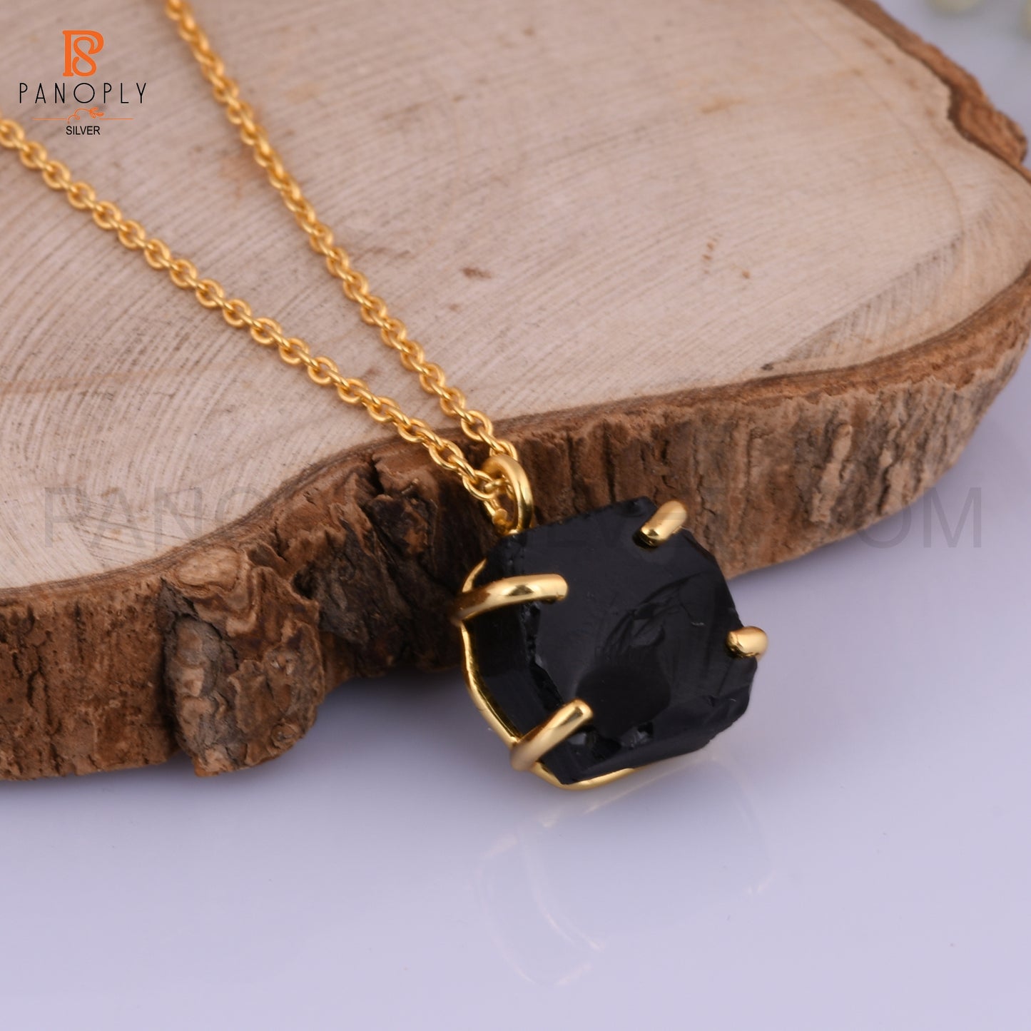 Black Obsidian Rough Cut Gold Plated 925 Silver Pendant Chain