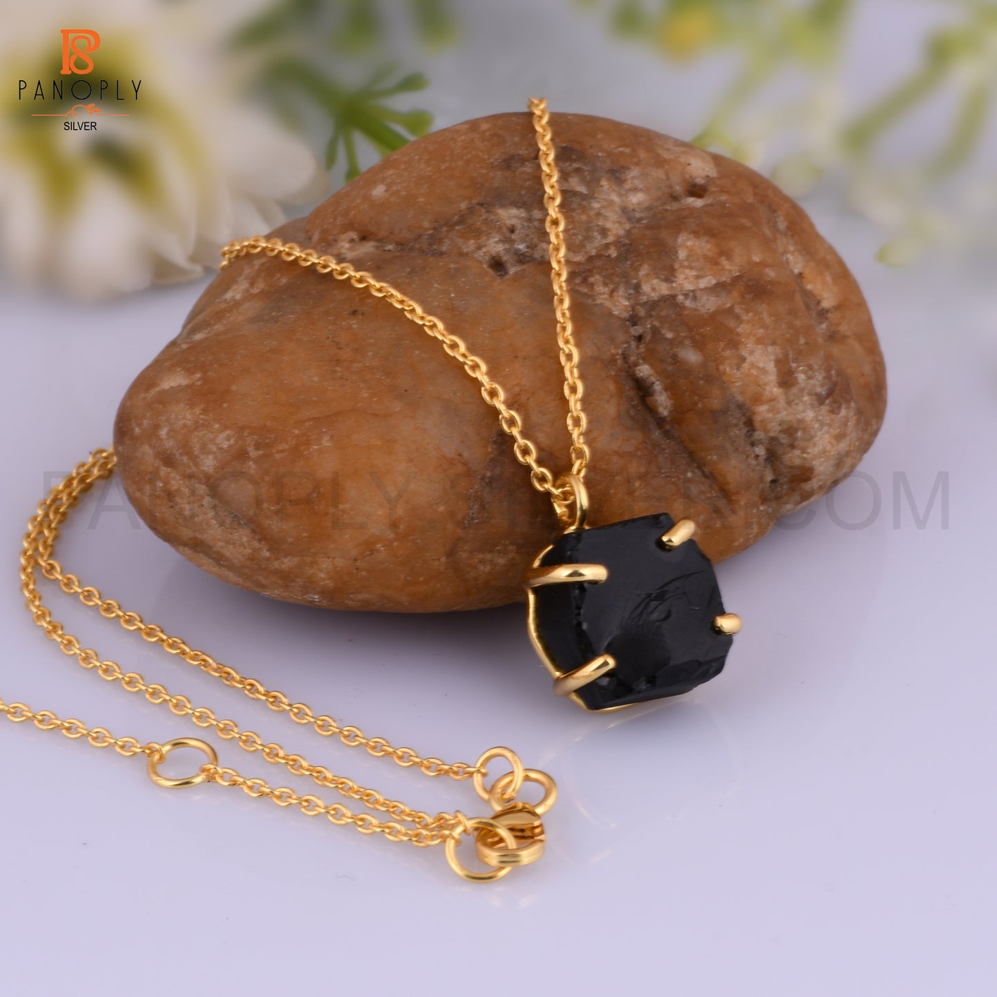 Black Obsidian Rough Cut Gold Plated 925 Silver Pendant Chain