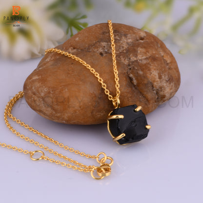 Black Obsidian Rough Cut Gold Plated 925 Silver Pendant Chain