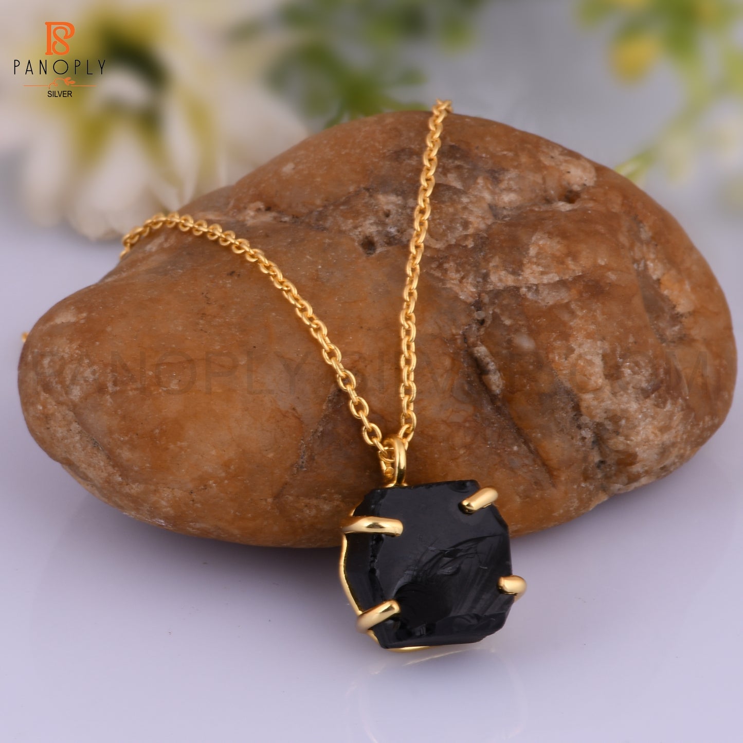 Black Obsidian Rough Cut Gold Plated 925 Silver Pendant Chain