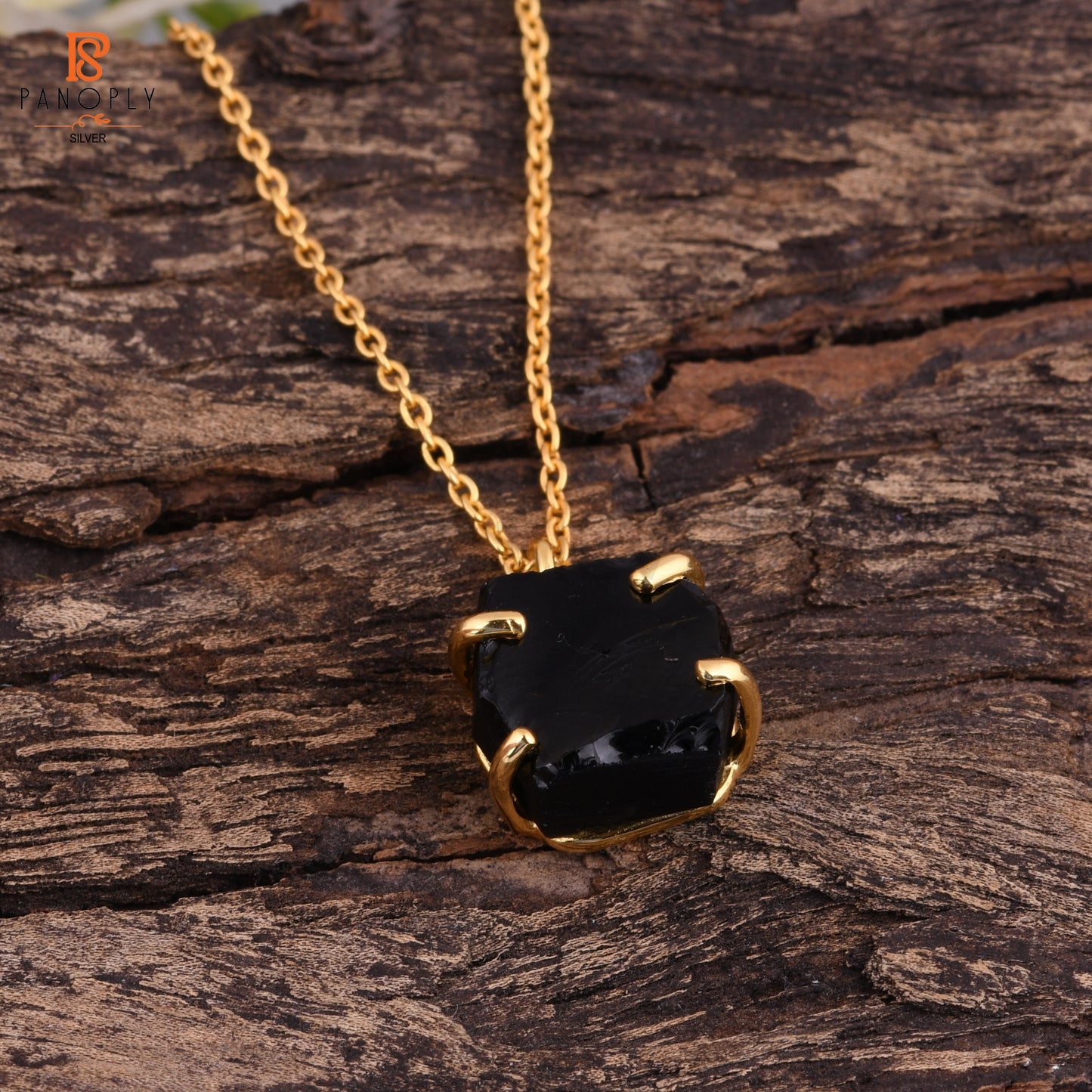 Black Obsidian Rough Cut Gold Plated 925 Silver Pendant Chain
