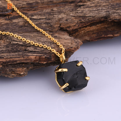 Black Obsidian Rough Cut Gold Plated 925 Silver Pendant Chain