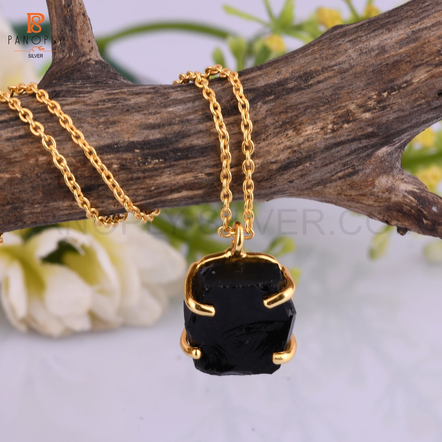 Black Obsidian Rough Cut Gold Plated 925 Silver Pendant Chain