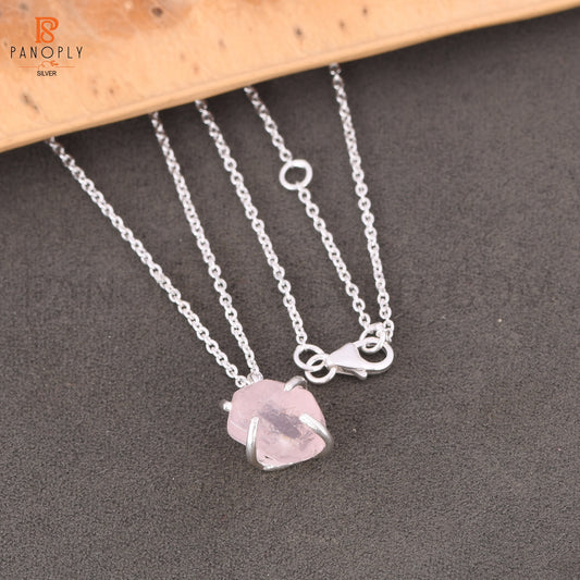 Rose Quartz Rough Cut 925 Sterling Silver Prong Set Pendant