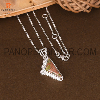 Unakite Gemstone Scalene Triangle Shape Silver Pendant