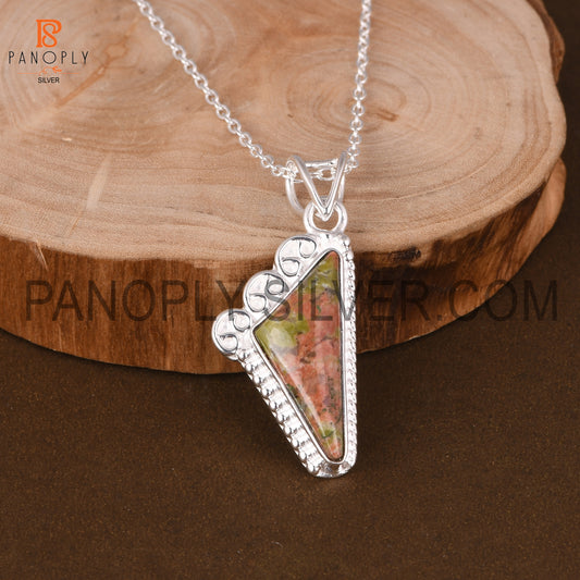 Unakite Gemstone Scalene Triangle Shape Silver Pendant