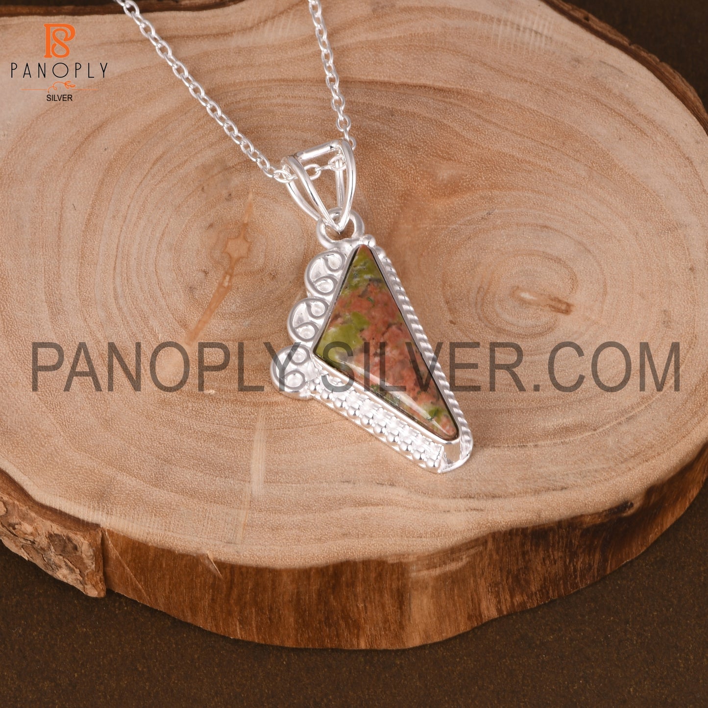 Unakite Gemstone Scalene Triangle Shape Silver Pendant