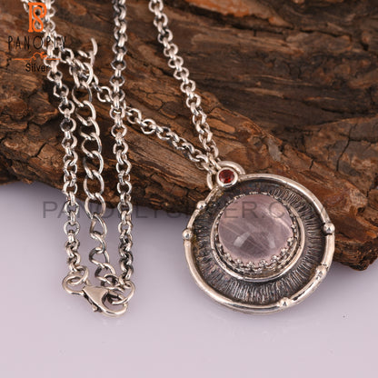 Rose Quartz & Garnet Pendant Round 925 Sterling Silver Pendant