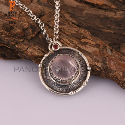 Rose Quartz & Garnet Pendant Round 925 Sterling Silver Pendant