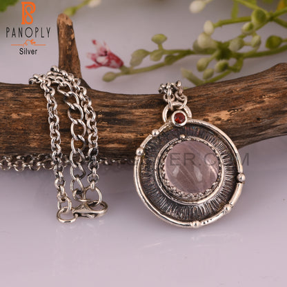 Rose Quartz & Garnet Pendant Round 925 Sterling Silver Pendant
